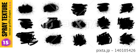 Grunge shape set with spray paint spot and aerosol splatter texture. Black grunge frames with gritty noise and ink splotch for poster. Urban vector shapes elements in distressed graffiti drip isolated 140105426