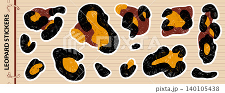 Animal spot leopard stickers with black and yellow fur on a lined background. Bold animalistic spots in crayon and panther skin as a vector set. Cheetah pattern elements for scrapbook, fashion design Animal spot leopard stickers with black and yellow fur on a lined background. Bold animalistic spots in crayon and panther skin as a vector set. Cheetah pattern elements for scrapbook, fashion design 140105438