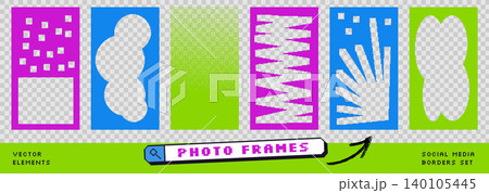Funky pixel photo frame for promotion carousel and social media story. Neon purple zigzag and freeform border with bold pixelated frames. Vector kid photo set isolated for trendy blog content Funky pixel photo frame for promotion carousel and social media story. Neon purple zigzag and freeform border with bold pixelated frames. Vector kid photo set isolated for trendy blog content 140105445
