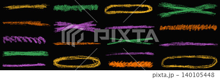 Annotation scribble highlight with pastel texture in green and orange. Underline crayon scribble strokes on dark for kid school. Hand drawn vector annotation line shapes for education set isolated Annotation scribble highlight with pastel texture in green and orange. Underline crayon scribble strokes on dark for kid school. Hand drawn vector annotation line shapes for education set isolated 140105448