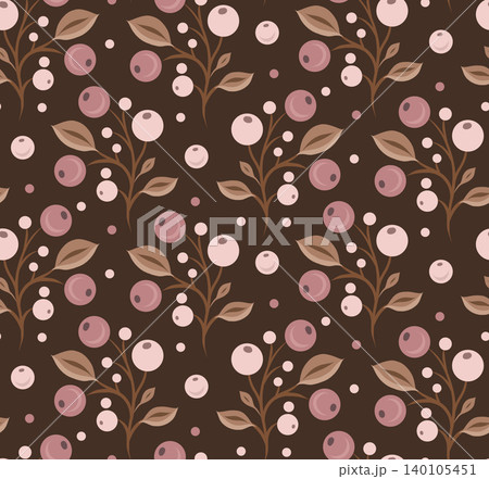 Vector seamless texture of cranberries on a dark background. Autumn texture with berries and foliage. 140105451