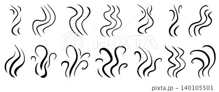 Doodle smoke icon set with steam waves and aroma lines, perfect for coffee, cooking, hot food illustrations in vector format. Collection of fume, flame or cloud air silhouette isolated no background 140105501