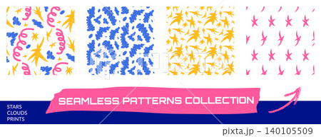 Funky seamless pattern of kid party with crayon stars, cloud and curly streamer for playful birthday decor. Tossed spark and blue clouds in joyful repeat layout. Hand drawn vector pattern for festive 140105509