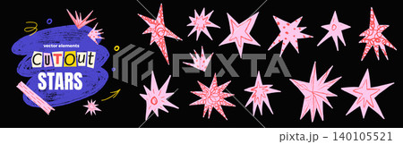 Pink cutout star shapes in torn paper with doodle scribble for funky scrapbook. Sketchy y2k collage pieces and quirky journal cutout elements in a diary set. Vector starburst collection isolated Pink cutout star shapes in torn paper with doodle scribble for funky scrapbook. Sketchy y2k collage pieces and quirky journal cutout elements in a diary set. Vector starburst collection isolated 140105521