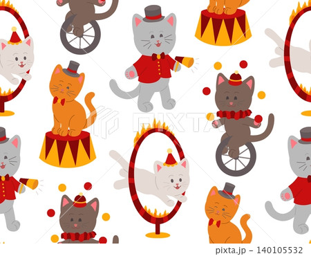 Vector seamless pattern with cute circus cats in a childish style. Texture with naive drawing pets, performing acrobats, juggler 140105532