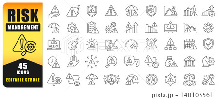 Risk Management Line Icon Set Featuring Editable Stroke Vector Symbols For Risk Assessment, Compliance, Security, Insurance, Financial Analysis, Alerts, Protection, Monitoring, And Business Strategy. Risk Management Line Icon Set Featuring Editable Stroke Vector Symbols For Risk Assessment, Compliance, Security, Insurance, Financial Analysis, Alerts, Protection, Monitoring, And Business Strategy. 140105561