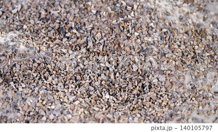 Small pieces of gravel and sand spread across a surface in a natural outdoor setting during daylight hours Small pieces of gravel and sand spread across a surface in a natural outdoor setting during daylight hours 140105797