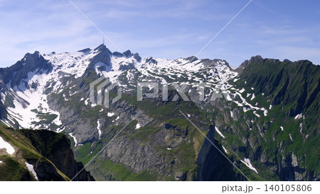 Snowy mountains rise under blue sky with rocky peaks and green hills in the background during bright daylight in the Alps region 140105806