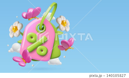 3d Price tag with flowers, butterflies and big percentage sign spring and summer sale background 140105827