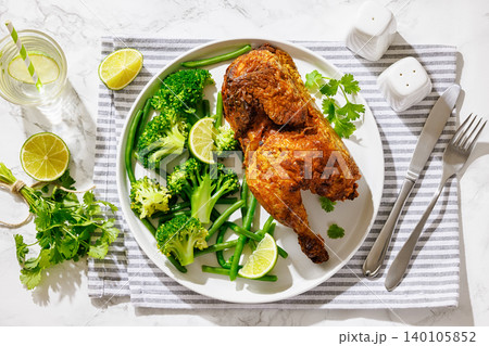 Keto Baked Chicken Half With Green Vegetables Side Keto Baked Chicken Half With Green Vegetables Side 140105852