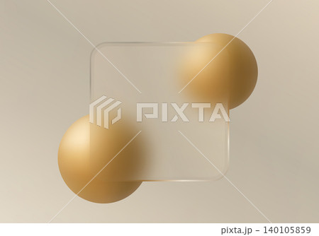 Minimal glassmorphism square panel with golden spheres on warm beige background 140105859
