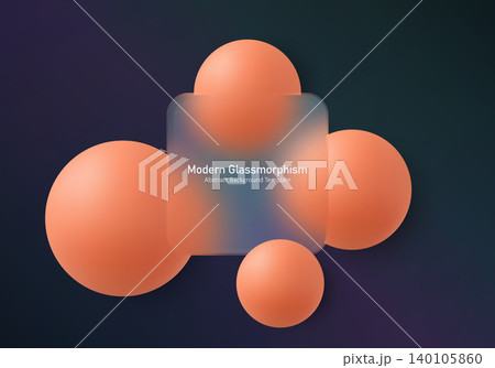 Glassmorphism square card with coral spheres on dark blue gradient background 140105860