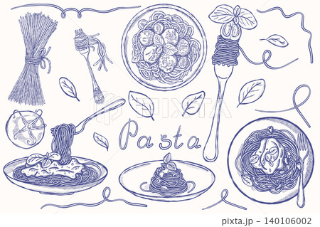 Pasta food collection with spaghetti, basil and forks in hand drawn style Pasta food collection with spaghetti, basil and forks in hand drawn style 140106002
