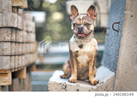 Young merle colored French Bulldog dog with large yellow eyes sitting on concrete block Young merle colored French Bulldog dog with large yellow eyes sitting on concrete block 140106149