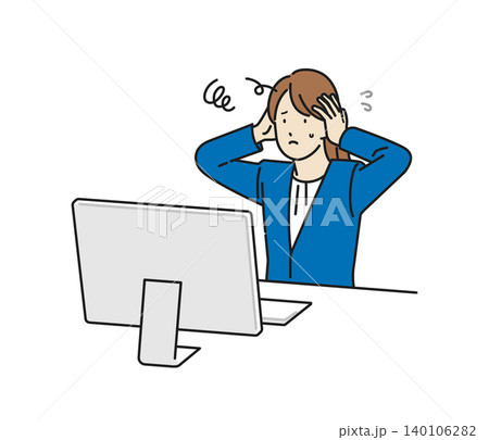 イラスト素材：PCの前で頭を抱えるビジネスパーソン 140106282