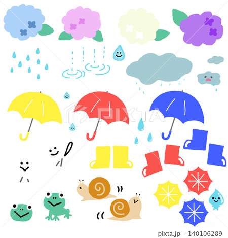 梅雨の手描きイラストセット かわいい雨の日素材集 140106289