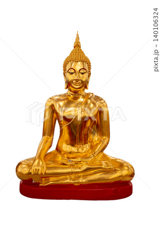 Buddha statue, brass isolate. A golden Buddha statue is centered on a isolated background 140106324