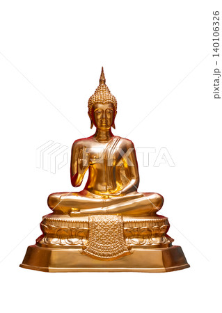 Buddha statue, brass isolate. A golden Buddha statue is centered on a isolated background Buddha statue, brass isolate. A golden Buddha statue is centered on a isolated background 140106326