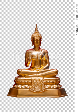 Buddha statue, brass isolate. A golden Buddha statue is centered on a isolated background Buddha statue, brass isolate. A golden Buddha statue is centered on a isolated background 140106326