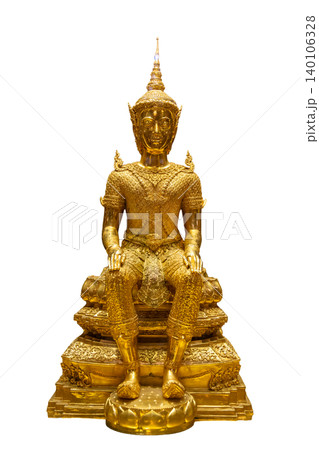 Buddha statue, brass isolate. A golden Buddha statue is centered on a isolated background Buddha statue, brass isolate. A golden Buddha statue is centered on a isolated background 140106328
