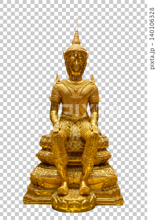 Buddha statue, brass isolate. A golden Buddha statue is centered on a isolated background Buddha statue, brass isolate. A golden Buddha statue is centered on a isolated background 140106328