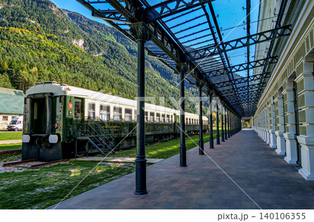 Old wagons in the old train station of Canfranc in the Pyrenees in Huesca, Spain close to the border with France. 140106355