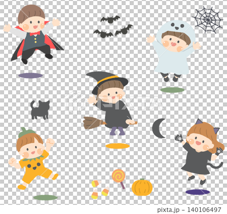 A set of illustrations featuring children in Halloween costumes and other materials. 140106497