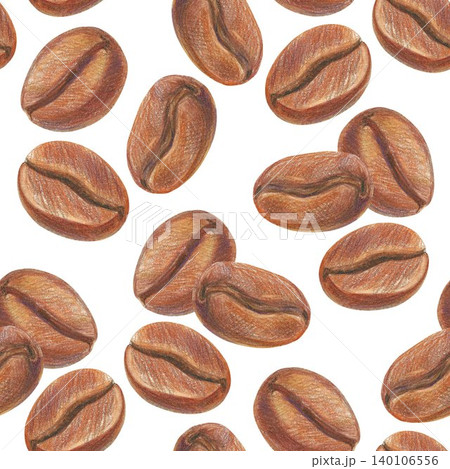 Hand drawn seamless pattern with coffee beans for graphic design. Colored pencil illustration on a white background. Coffee collection 140106556