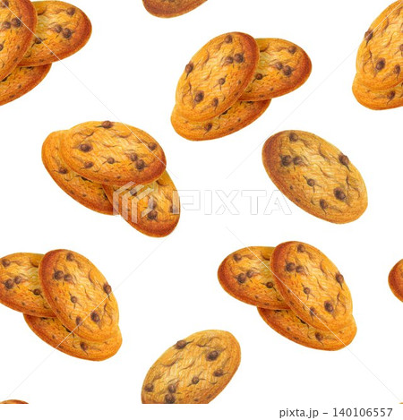 Hand drawn seamless pattern with chocolate cookies for graphic design. Colored pencil illustration on a white background. Coffee collection Hand drawn seamless pattern with chocolate cookies for graphic design. Colored pencil illustration on a white background. Coffee collection 140106557
