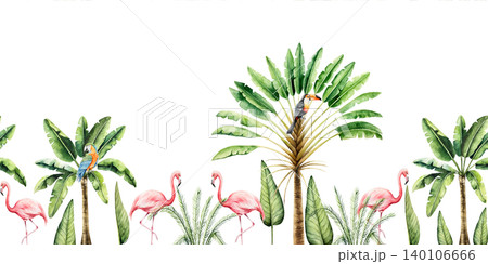 Seamless border with tropical palms, pink flamingo, parrot macaw, toco toucan. Watercolor hand drawn Travelers tree, birds. Isolated banner, frame illustration on transparent background. Perfect for Seamless border with tropical palms, pink flamingo, parrot macaw, toco toucan. Watercolor hand drawn Travelers tree, birds. Isolated banner, frame illustration on transparent background. Perfect for 140106666