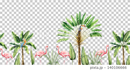 Seamless border with tropical palms, pink flamingo, parrot macaw, toco toucan. Watercolor hand drawn Travelers tree, birds. Isolated banner, frame illustration on transparent background. Perfect for Seamless border with tropical palms, pink flamingo, parrot macaw, toco toucan. Watercolor hand drawn Travelers tree, birds. Isolated banner, frame illustration on transparent background. Perfect for 140106666