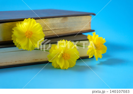 Yellow flowers bookmark at hardcover book. Yellow flowers bookmark at hardcover book. 140107083