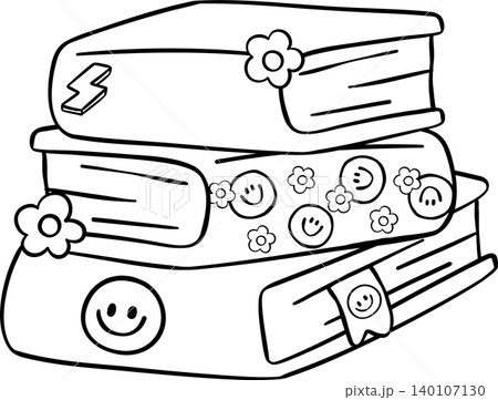Groovy Retro Stack of Books Outline with Smiley Face, Back to School Cartoon Hand Drawn 140107130
