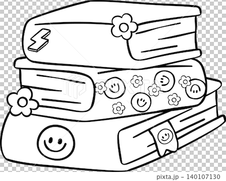Groovy Retro Stack of Books Outline with Smiley Face, Back to School Cartoon Hand Drawn 140107130