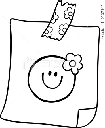Groovy Retro Paper Note Outline with Flower Ripped Washi Tape and Smiley Face, Back to School Cartoon Hand Drawn 140107143