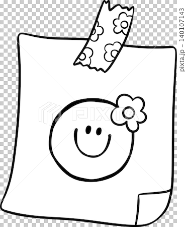 Groovy Retro Paper Note Outline with Flower Ripped Washi Tape and Smiley Face, Back to School Cartoon Hand Drawn 140107143