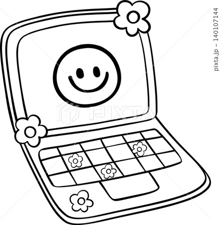 Groovy Retro Laptop Outline with Flower and Smiley Face, Back to School Cartoon Hand Drawn Groovy Retro Laptop Outline with Flower and Smiley Face, Back to School Cartoon Hand Drawn 140107144