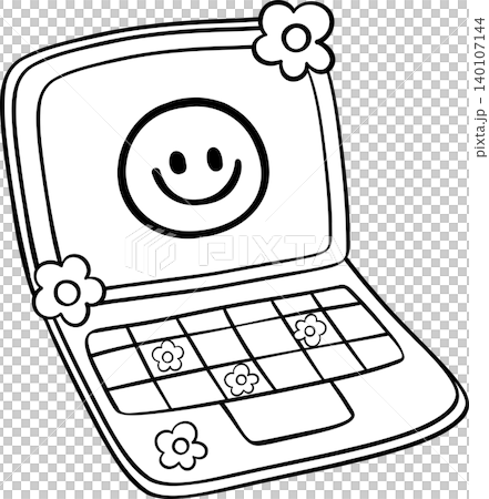 Groovy Retro Laptop Outline with Flower and Smiley Face, Back to School Cartoon Hand Drawn Groovy Retro Laptop Outline with Flower and Smiley Face, Back to School Cartoon Hand Drawn 140107144