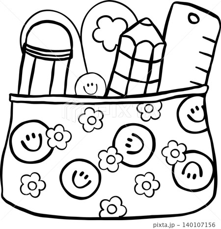 Groovy Retro Pencil Pouch Case Outline with Flower and Smiley Face, Back to School Cartoon Hand Drawn 140107156
