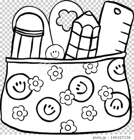 Groovy Retro Pencil Pouch Case Outline with Flower and Smiley Face, Back to School Cartoon Hand Drawn 140107156