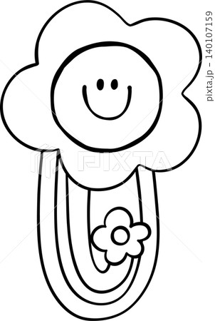 Groovy Retro Flower Paper Clip Outline with Flower and Smiley Face, Back to School Cartoon Hand Drawn 140107159