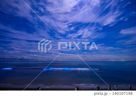 月明かりの七里ヶ浜 満天の星空と青く光る夜光虫の海を見つめる人々の後ろ姿スローシャッター 月明かりの七里ヶ浜 満天の星空と青く光る夜光虫の海を見つめる人々の後ろ姿スローシャッター 140107198