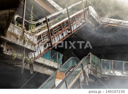 Enveloped in a ghostly haze, the skeletal, rust-eaten escalators rise through the brutalist ruins like monuments to a forgotten era, where the silence of human abandonment is gently broken by the Enveloped in a ghostly haze, the skeletal, rust-eaten escalators rise through the brutalist ruins like monuments to a forgotten era, where the silence of human abandonment is gently broken by the 140107230