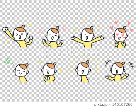 A set of cute and relaxed hand-drawn expressions and reactions of women showing joy, happiness, emotion, and love. 140107266