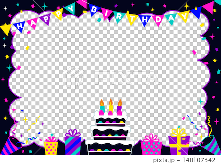 【向量圖】生日相框,黑色背景上有一個色彩鮮豔的蛋糕。留有添加文字的空間。 【向量圖】生日相框,黑色背景上有一個色彩鮮豔的蛋糕。留有添加文字的空間。 140107342