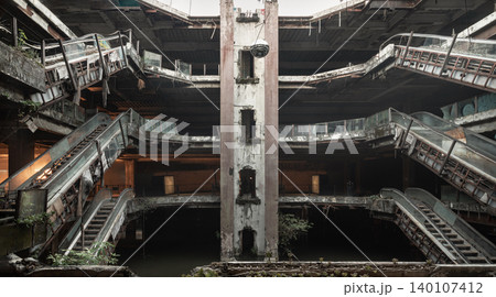 The skeletal ruins of an abandoned shopping mall rise symmetrically around a central shaft, their rusted escalators frozen over a dark, flooded floor. Patches of wild green foliage drape softly across The skeletal ruins of an abandoned shopping mall rise symmetrically around a central shaft, their rusted escalators frozen over a dark, flooded floor. Patches of wild green foliage drape softly across 140107412