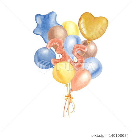 A bouquet of yellow, orange, brown, and blue heart-shaped balloons, stars, and numerals three and five, hand-drawn in watercolor on an isolated background. Illustration for a 35th birthday party. 140108084
