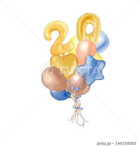 A bouquet of yellow, orange, brown, and blue heart-shaped balloons, stars, and the number twenty, hand-drawn in watercolor on an isolated background. Illustration for a 20th anniversary party A bouquet of yellow, orange, brown, and blue heart-shaped balloons, stars, and the number twenty, hand-drawn in watercolor on an isolated background. Illustration for a 20th anniversary party 140108085