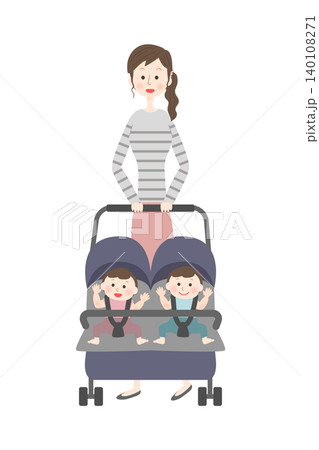 双子の乗ったベビーカーを押す女性 140108271