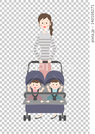 双子の乗ったベビーカーを押す女性 140108271